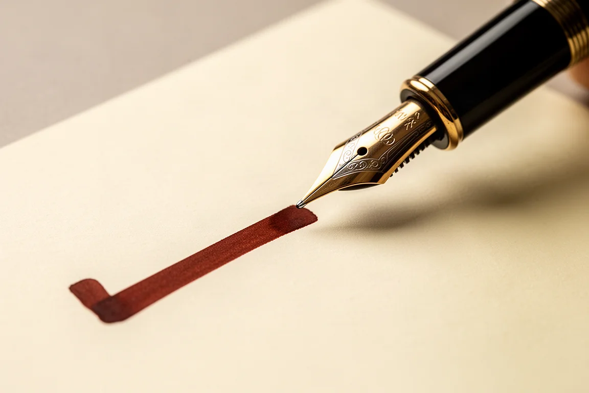 Ciemnoczerwony atrament pisany stalówką stub na kremowym papierze
