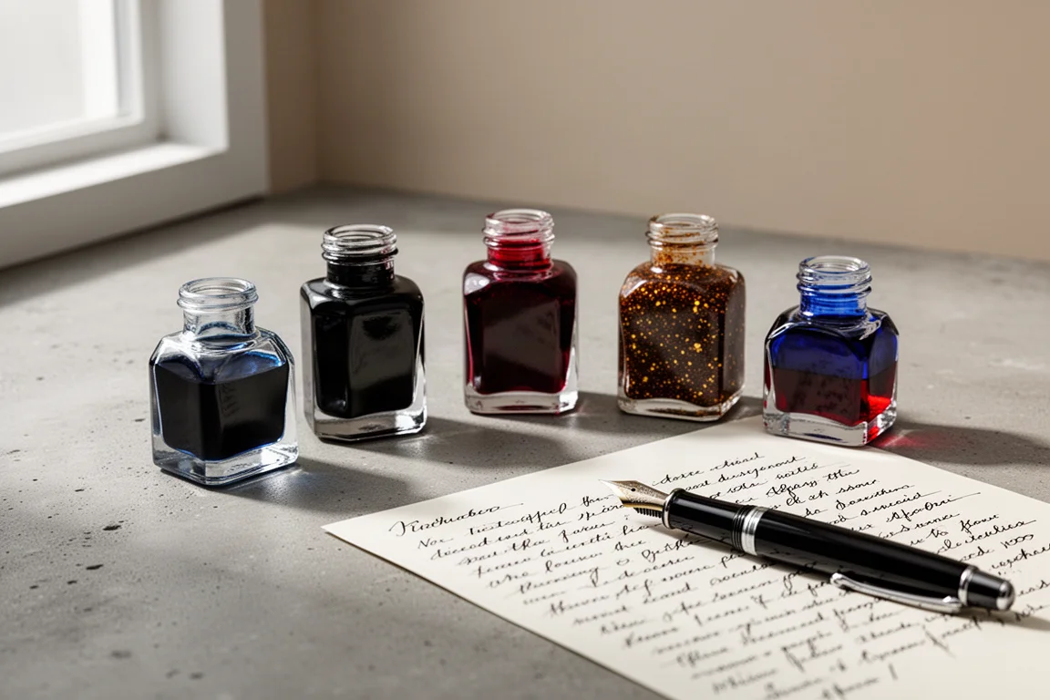 Five fountain pen ink bottles in blue, black, red, brown, and blue-red on a concrete surface