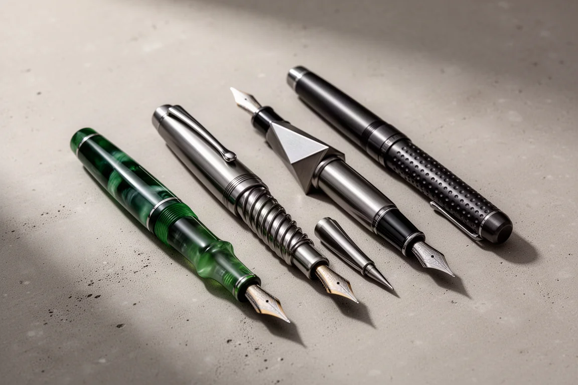 Collection of fountain pens with varied grip sections arranged on a concrete surface