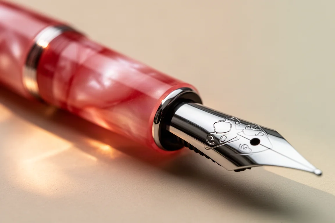 Primer plano del barril perlado de una pluma estilográfica captando la luz suave, con un plumín con respiradero en forma de corazón