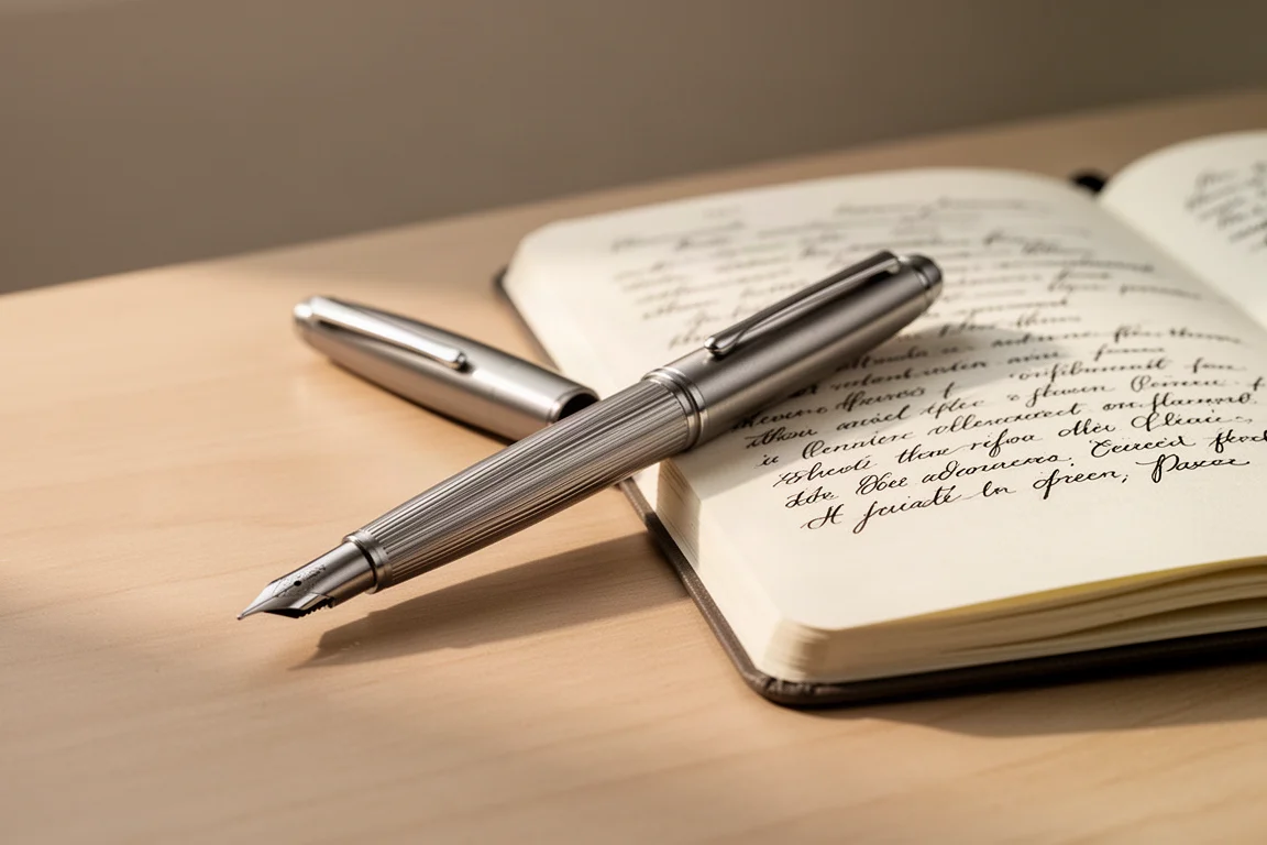 Pluma estilográfica con barril de acero acanalado apoyada en un escritorio junto a notas manuscritas
