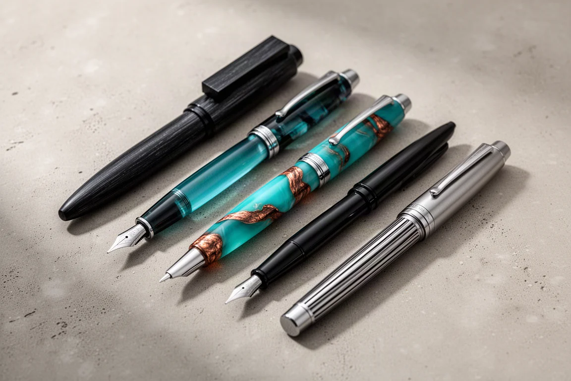 Assortimento di dieci penne stilografiche con finiture varie disposte su una superficie in cemento