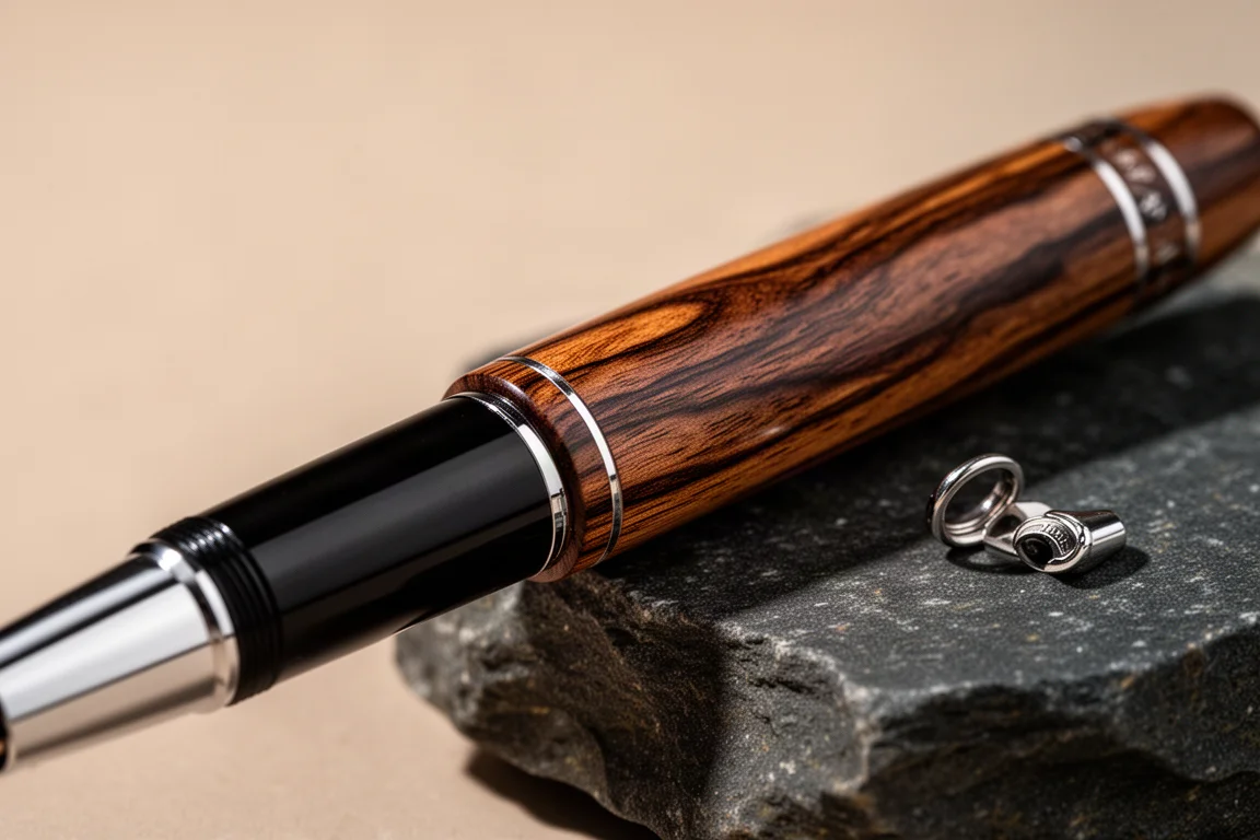 Dettaglio ravvicinato di una penna stilografica in legno tornito che mostra le venature naturali