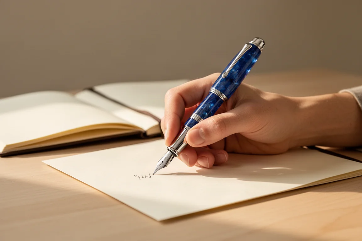 Scrittore che usa una penna stilografica su carta a una scrivania ordinata