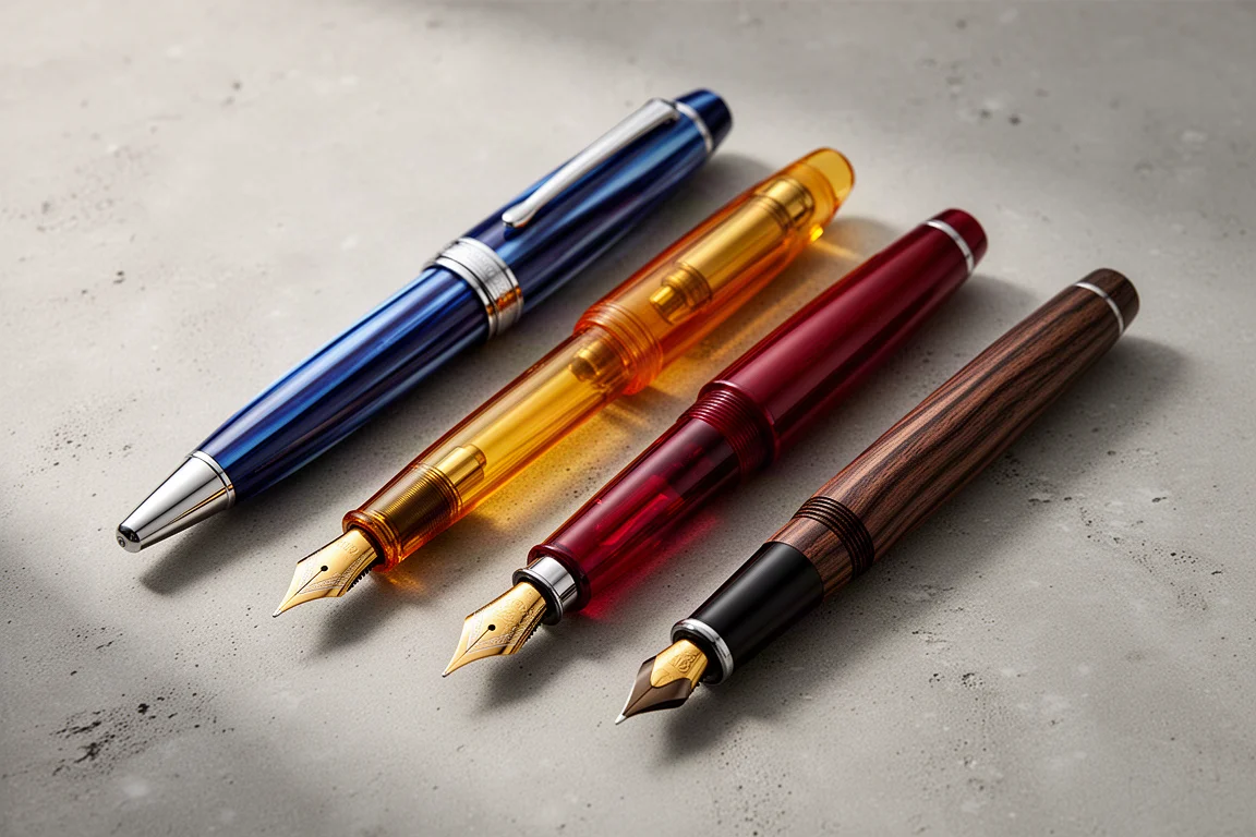 Luxury fountain pens arranged on a concrete surface