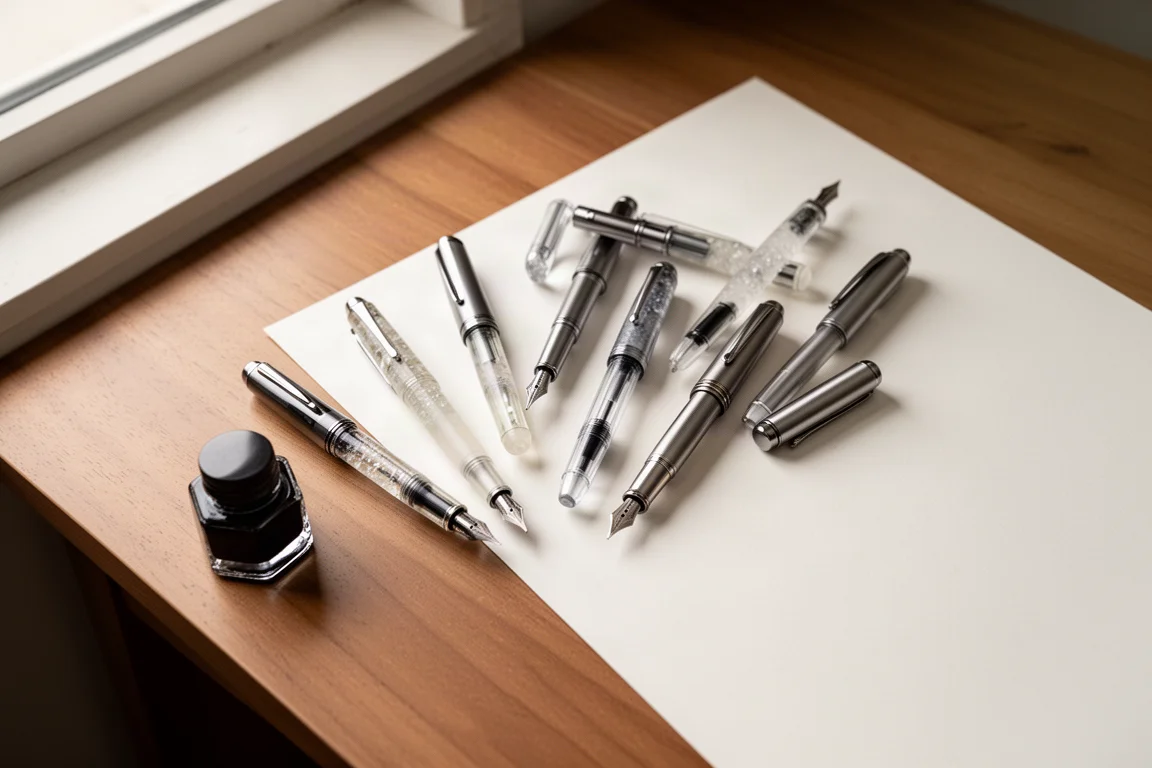 Vue à plat de divers stylos-plume et d'un flacon d'encre sur un bureau d'écriture