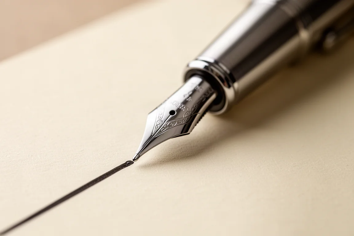 Gros plan sur une plume de stylo-plume écrivant sur du papier crème texturé