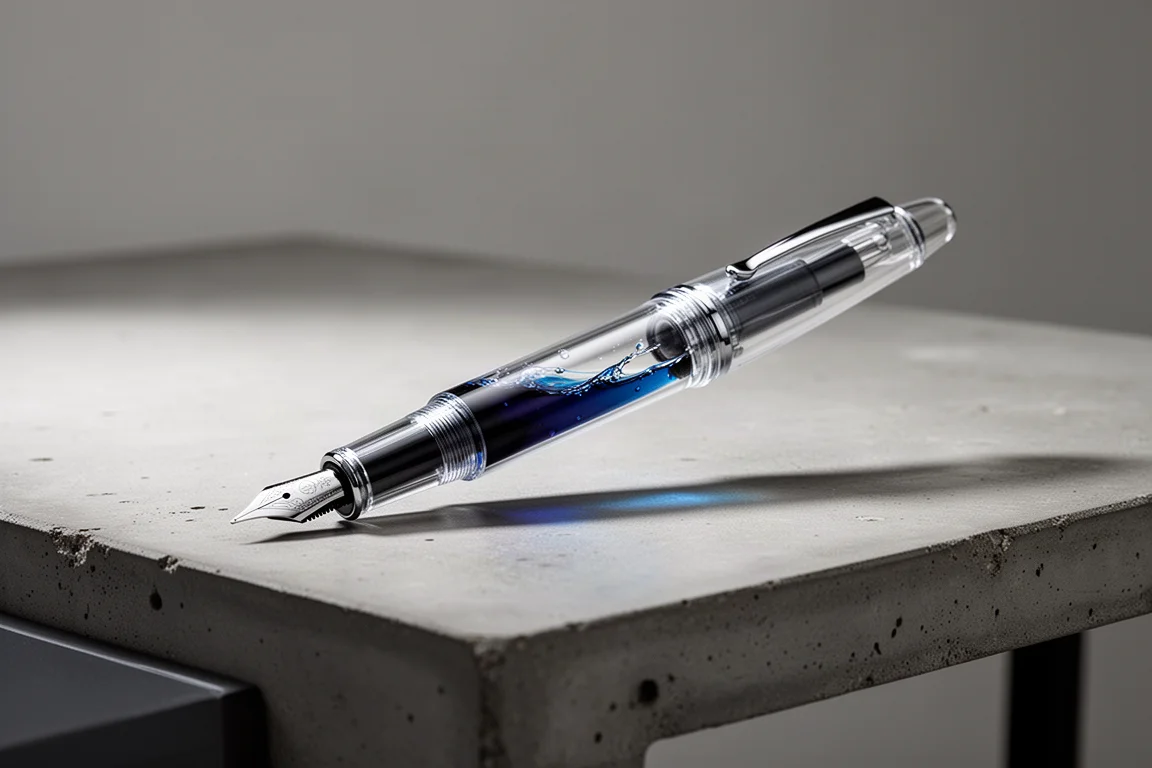 Stylo-plume demonstrateur transparent rempli d'encre bleue sur un bureau