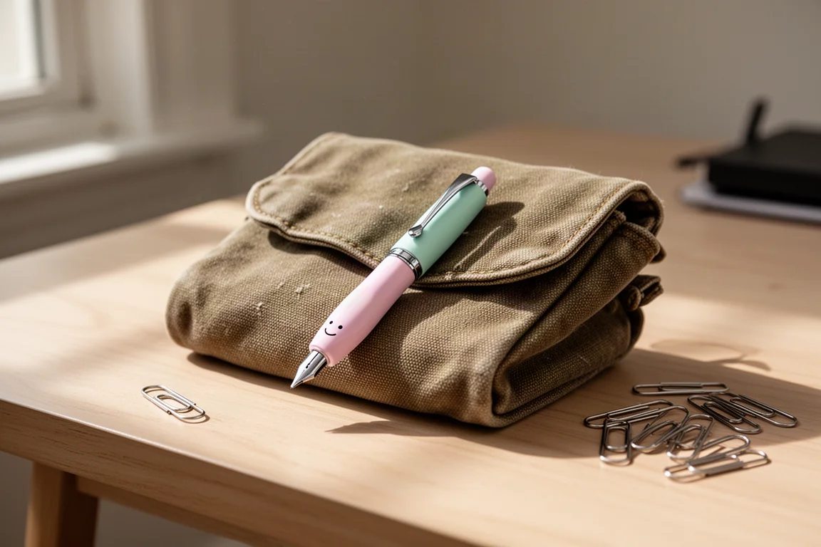 Piccola penna stilografica dai colori pastello agganciata alla tasca di un astuccio in tela