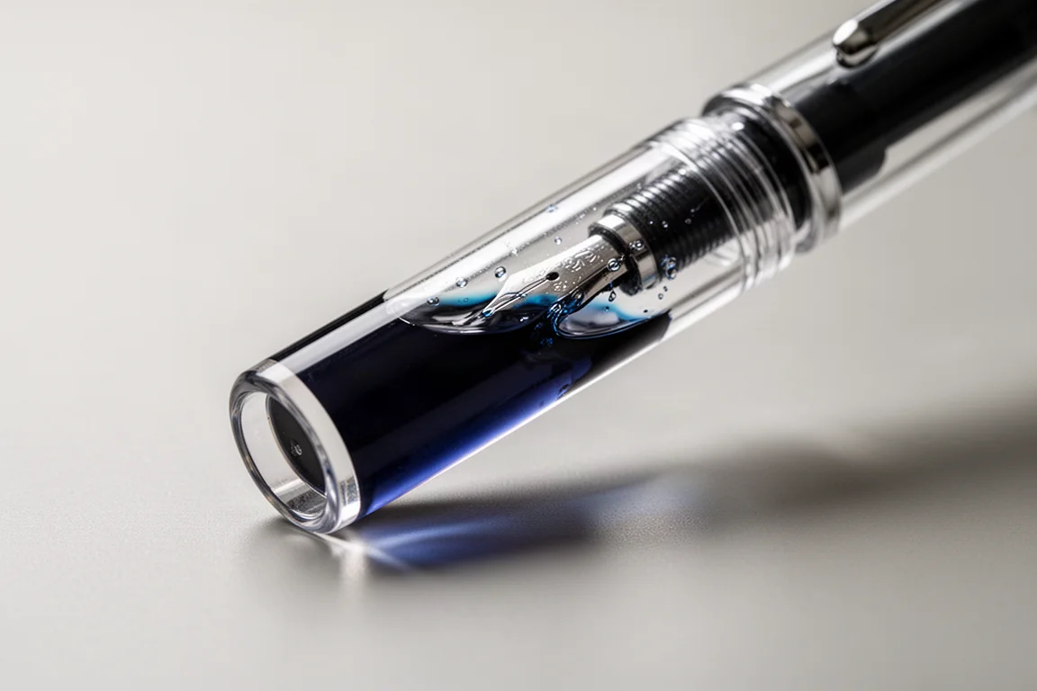 Pluma estilográfica demostrador transparente que muestra tinta azul moviéndose dentro del depósito