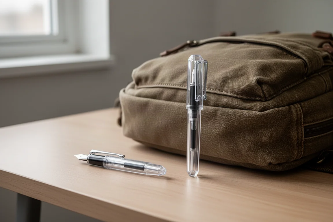 Pequeña pluma estilográfica de bolsillo con la tapa atornillada en la parte trasera, extendida a su longitud completa de escritura