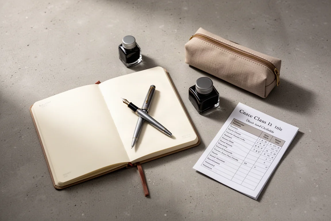 Vista cenital de una pluma estilográfica, un cuaderno, un tintero y un estuche sobre un escritorio de hormigón