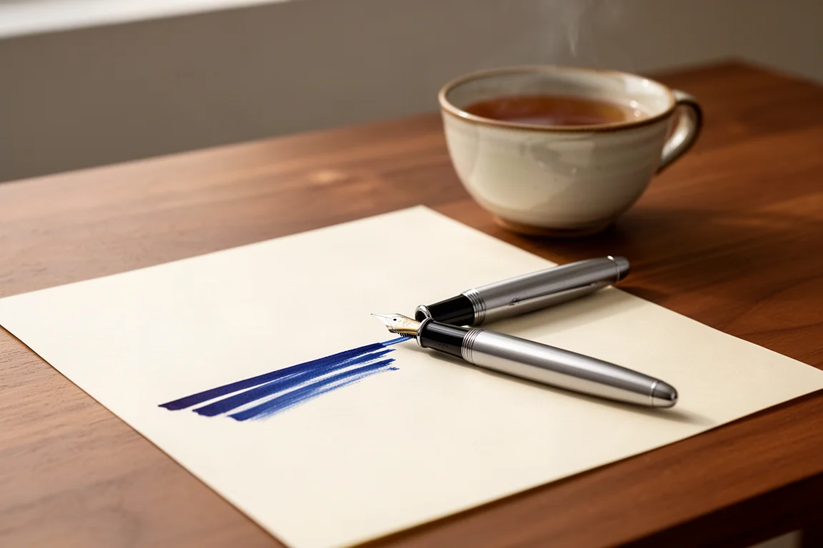 鋼筆在橫線紙上書寫,柔光中伴有一杯茶