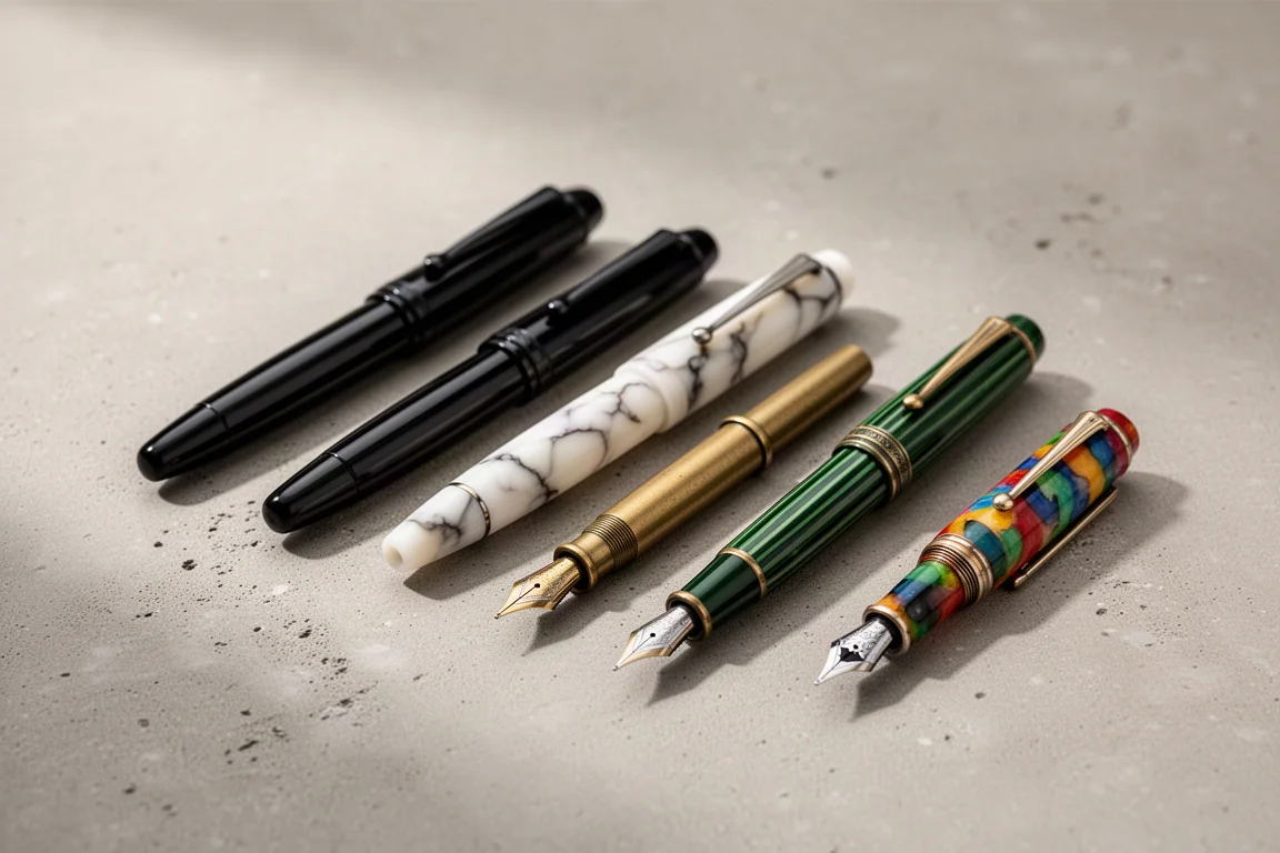 Six stylos plume de styles et de finitions variés disposés sur une surface en béton