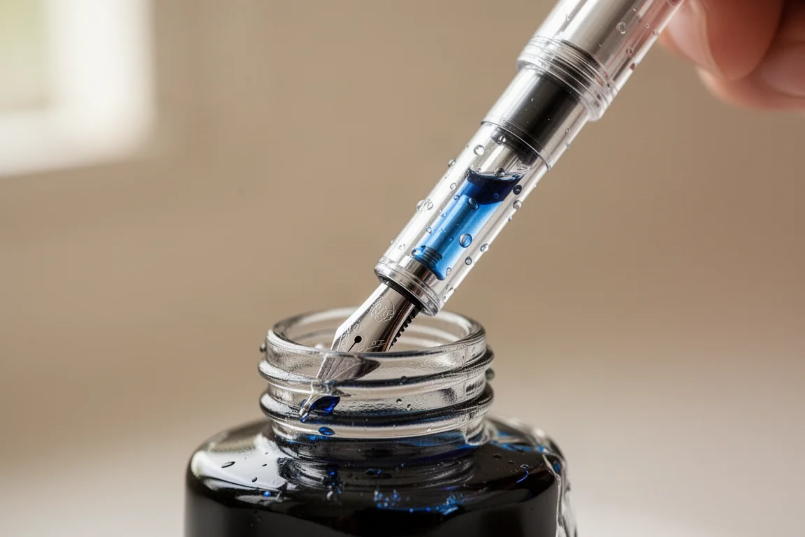 Ein transparenter Füllfederhalter mit Kolbenfüllung wird aus einer Flasche blauer Tinte gefüllt