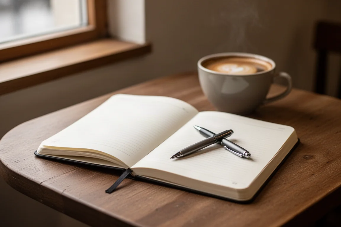 A quiet cafe corner with a journal and a pen resting on an open notebook