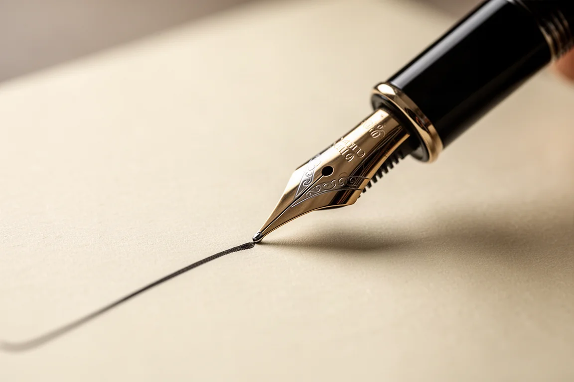 Close-up of a fountain pen nib gliding across textured writing paper