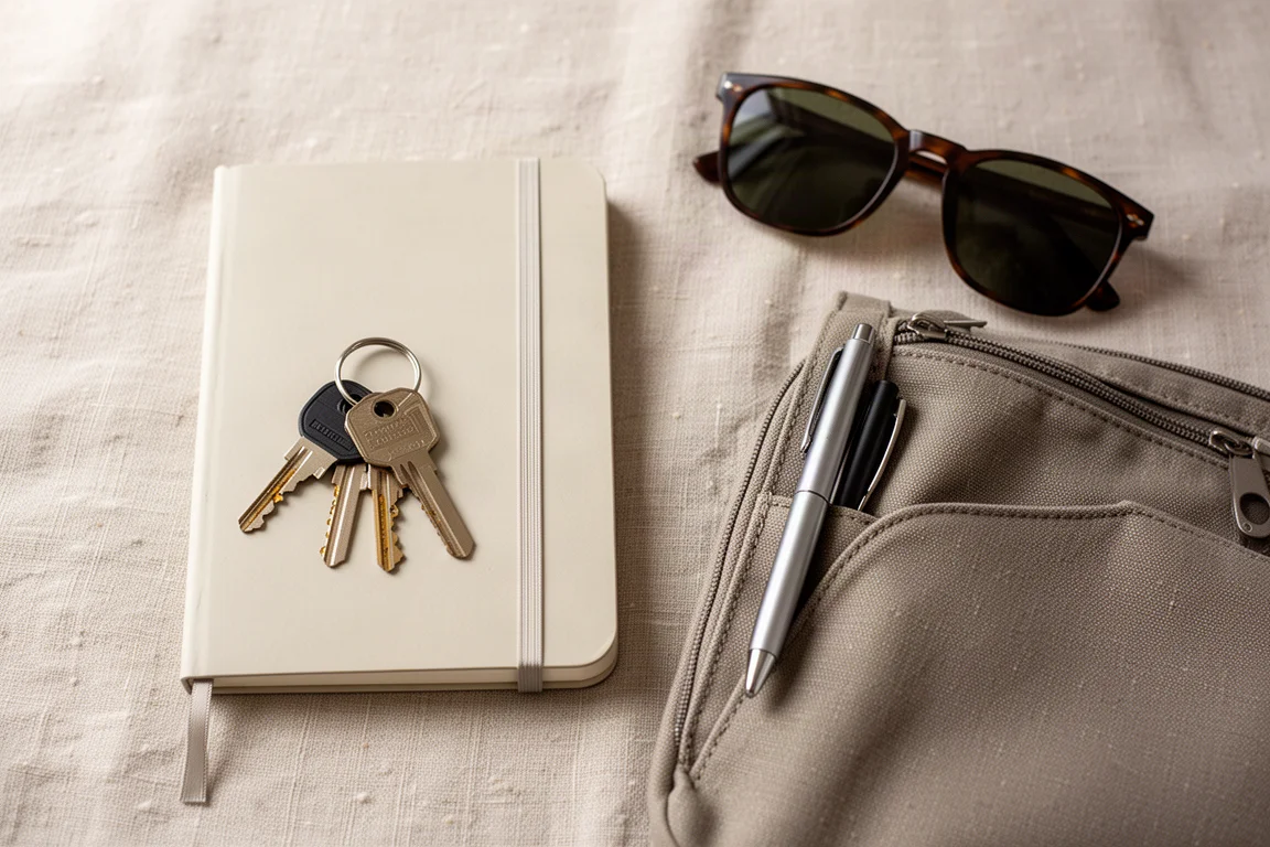 Pen tucked casually into a bag pocket beside everyday carry items