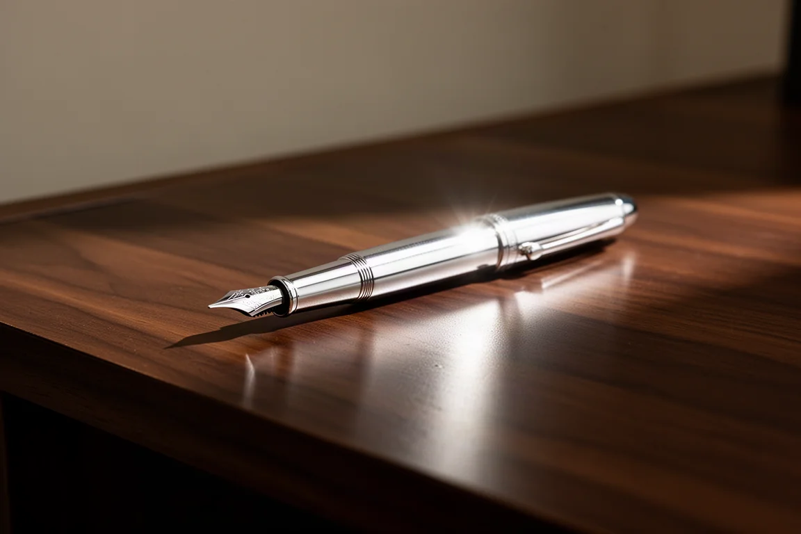 Gleaming sterling silver fountain pen catching light on a dark desk