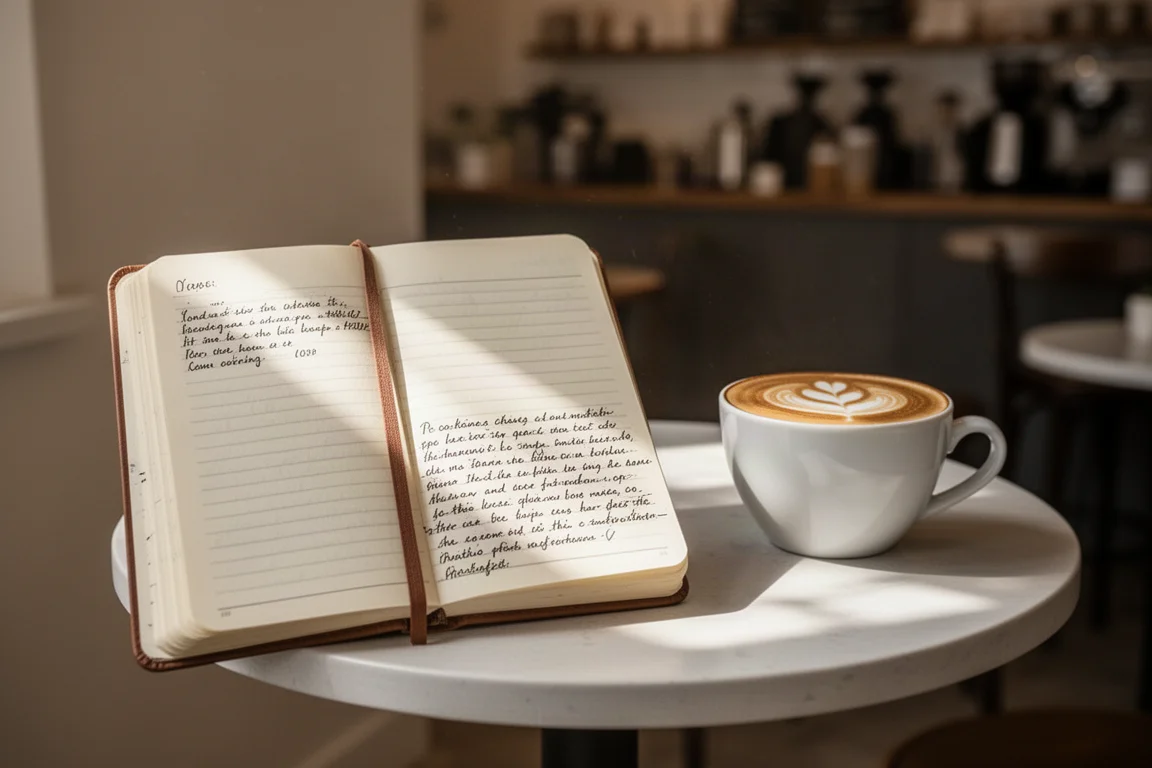 Diario aperto e un cappuccino su un tavolo da caffè nella soffice luce del mattino