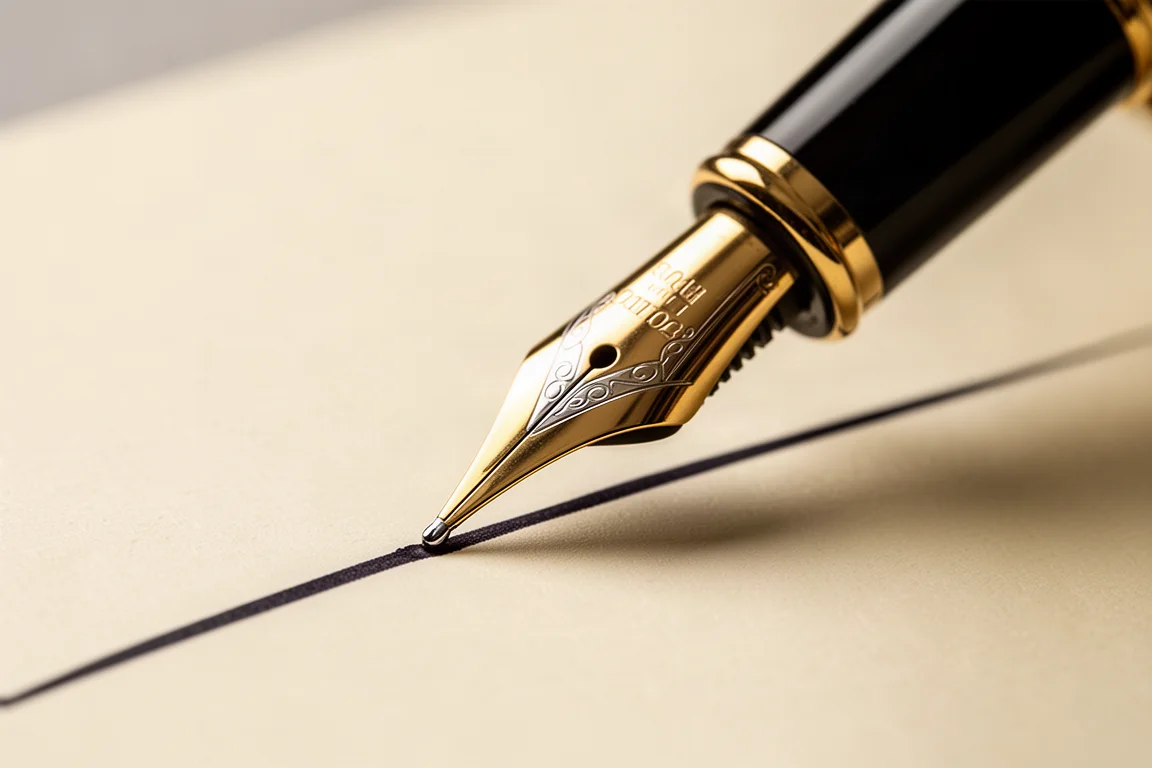 Primo piano di un pennino dorato di stilografica che tocca la carta a metà tratto
