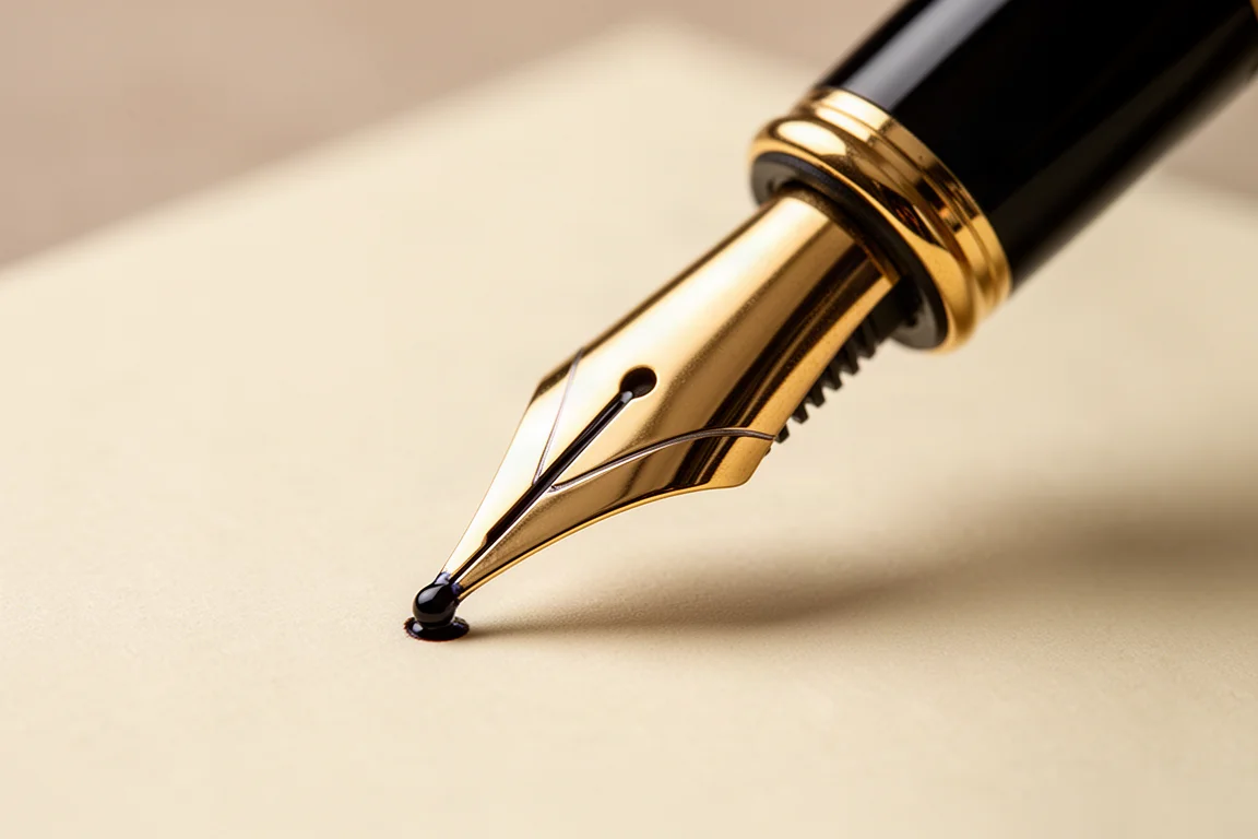 Close da nib de uma caneta-tinteiro com fluxo generoso de tinta em papel liso