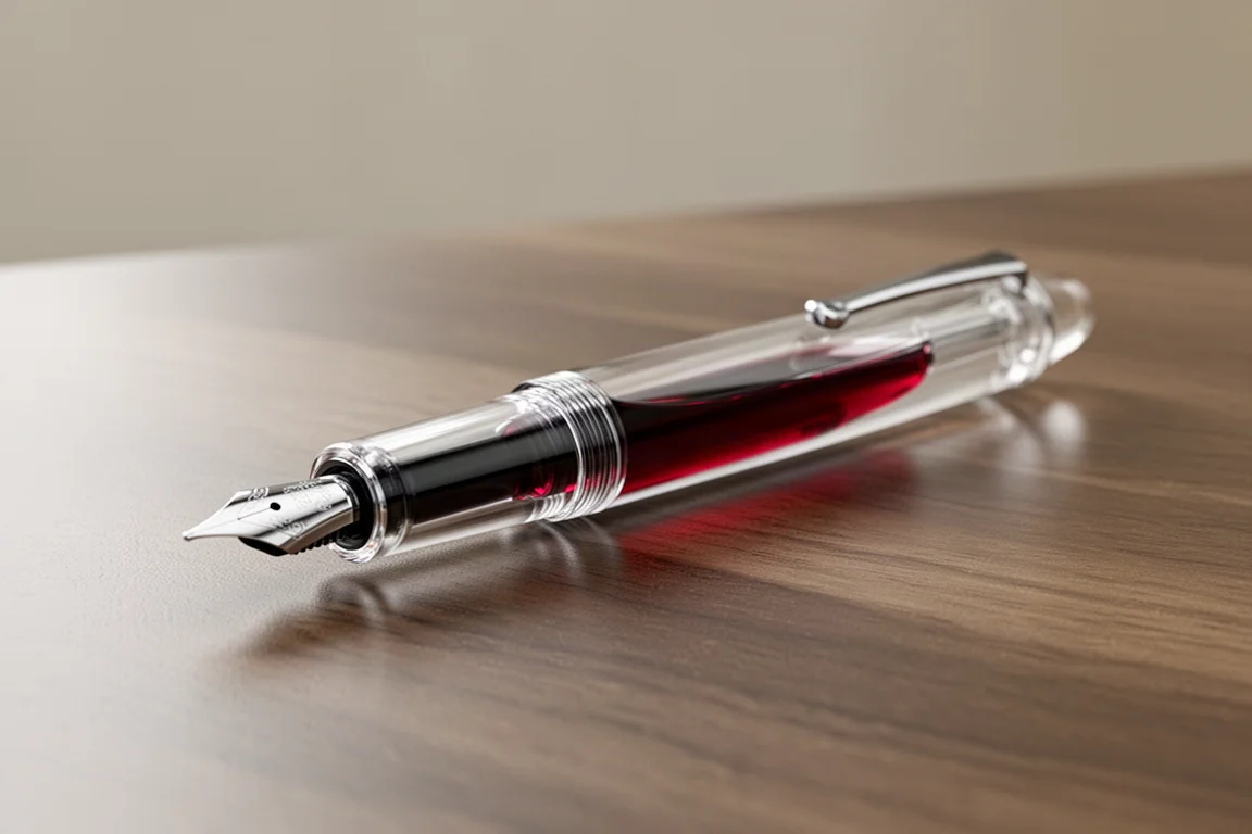 Uma caneta-tinteiro demonstradora transparente cheia de tinta colorida sobre uma mesa