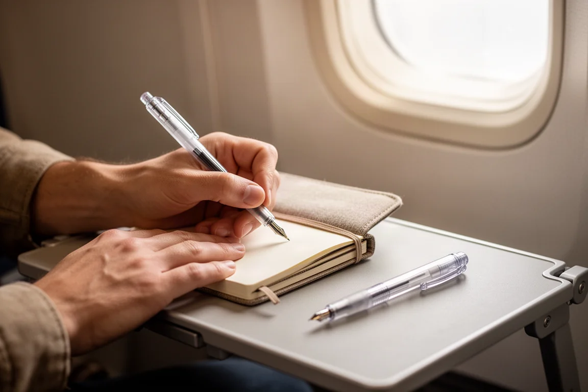 旅行者在機艙柔和燈光下於飛機窗邊寫日誌