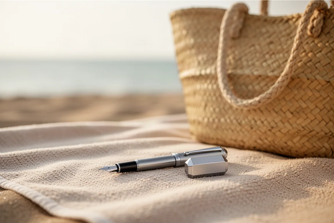 小巧口袋鋼筆放在沙灘毛巾上,旁邊有藤織袋