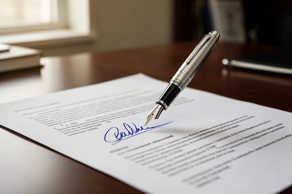A fountain pen signing a printed document on a wooden office desk