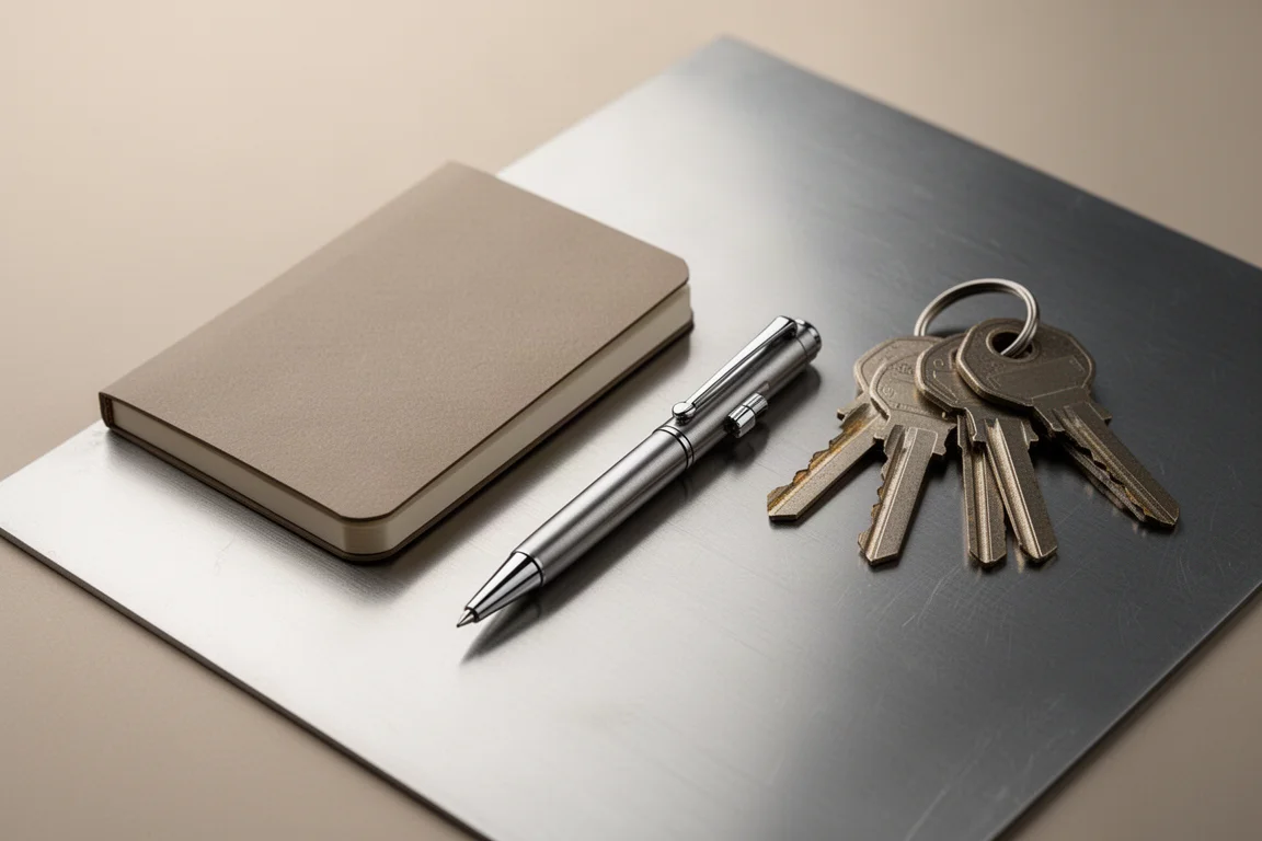 A compact pocket fountain pen beside a notebook and keys