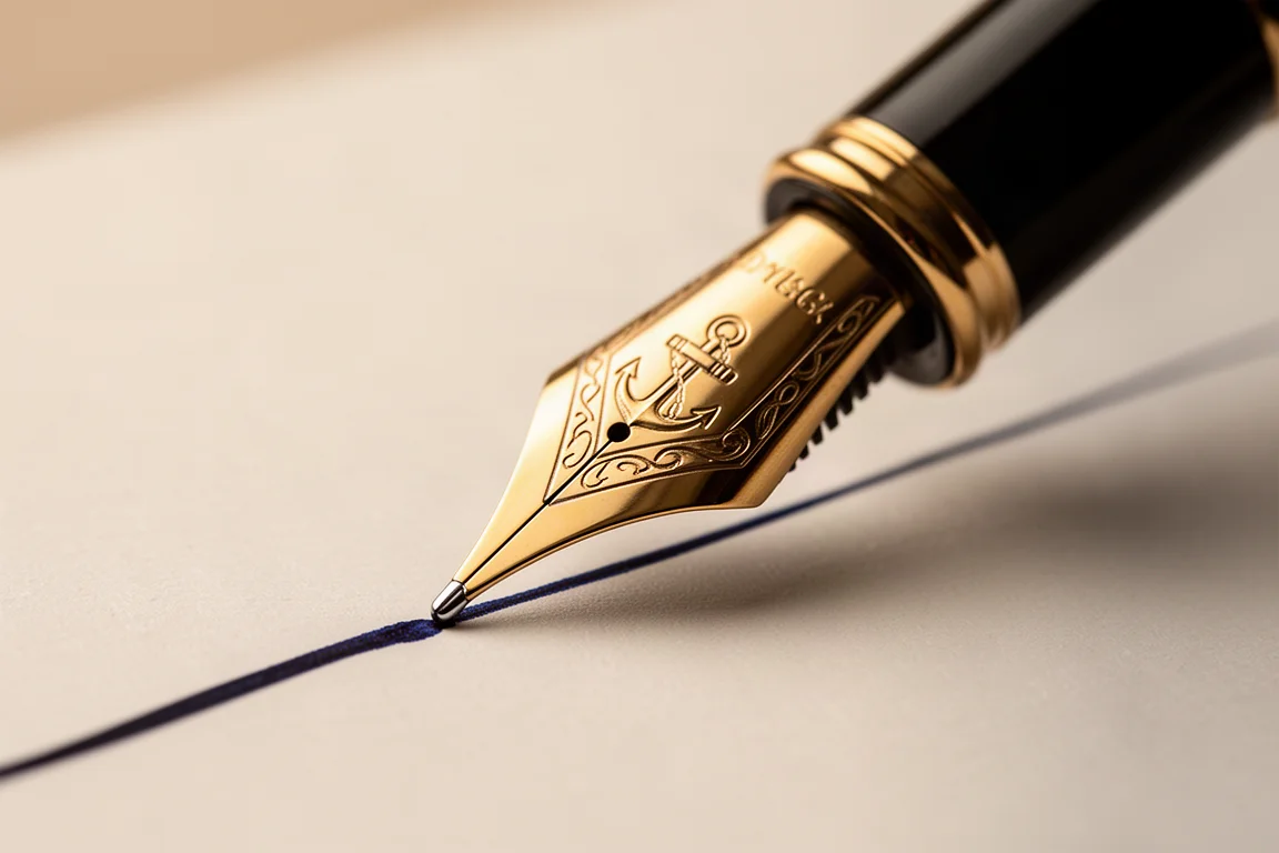 Close-up of an ornate gold fountain pen nib resting on paper