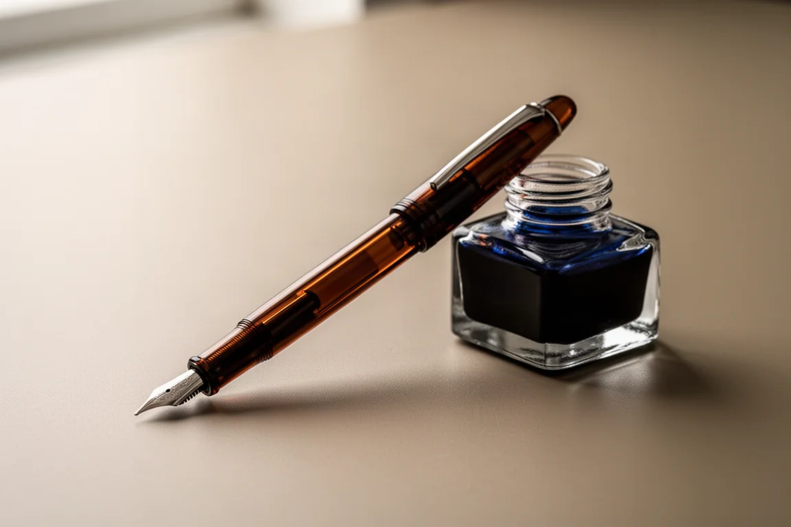 A translucent fountain pen resting beside an ink bottle on a desk