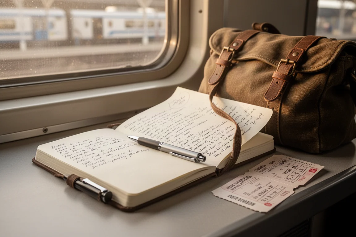 Reiziger schrijft in een dagboek aan een tafel op een treinstation met een klein notitieboekje en pen