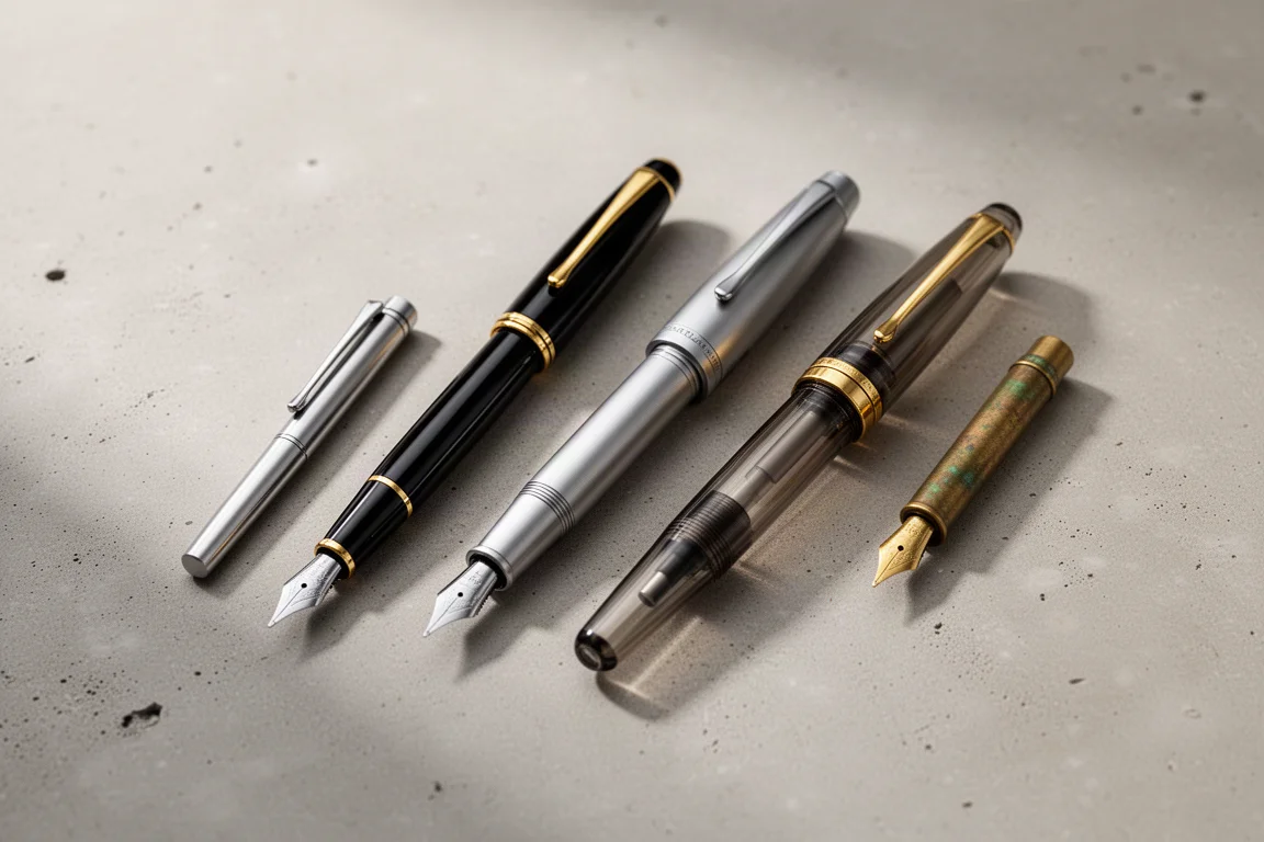 Five travel fountain pens of different sizes and finishes arranged on a concrete surface