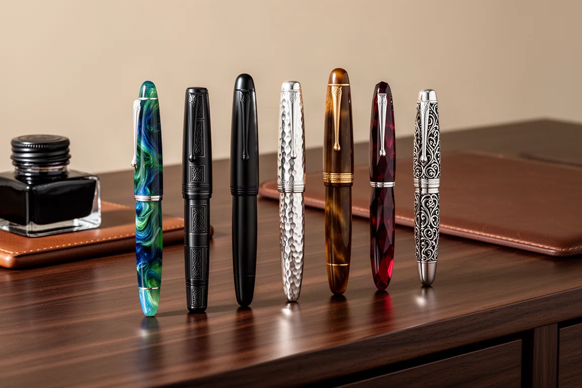 A collection of ten fountain pens of varied finishes arranged on a desk