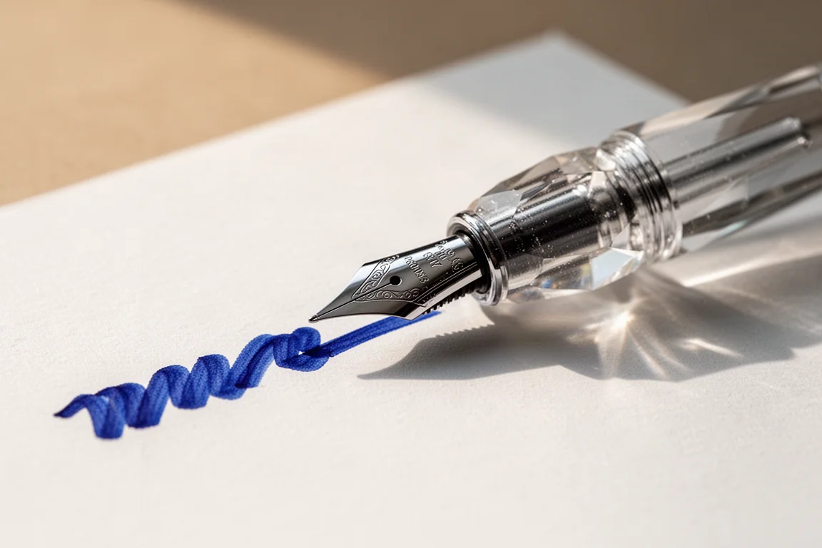 Faceted resin fountain pen with broad nib writing blue ink on white paper