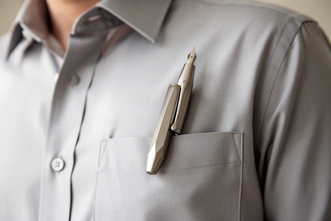 Small titanium fountain pen clipped inside a dress shirt breast pocket