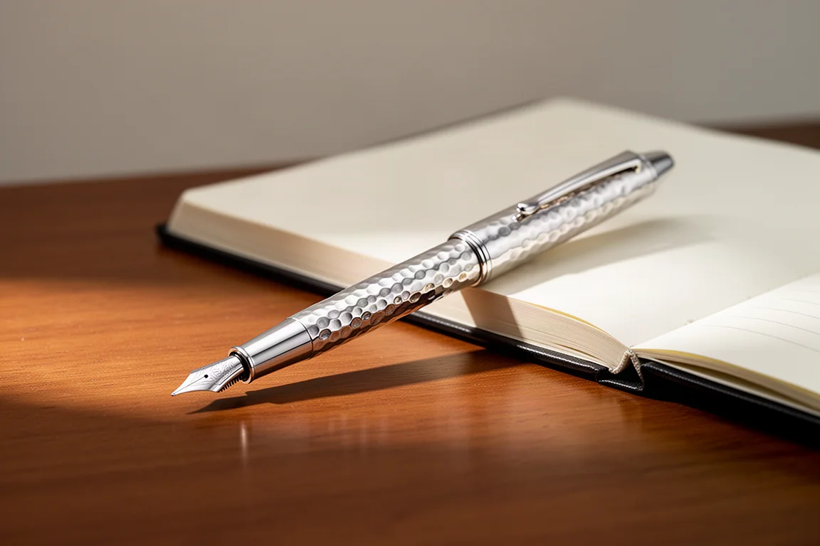 Hand-hammered sterling silver fountain pen resting on a wooden writing desk