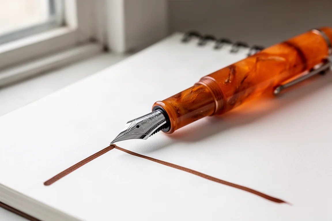 Steel nib fountain pen writing warm brown ink on white notebook paper