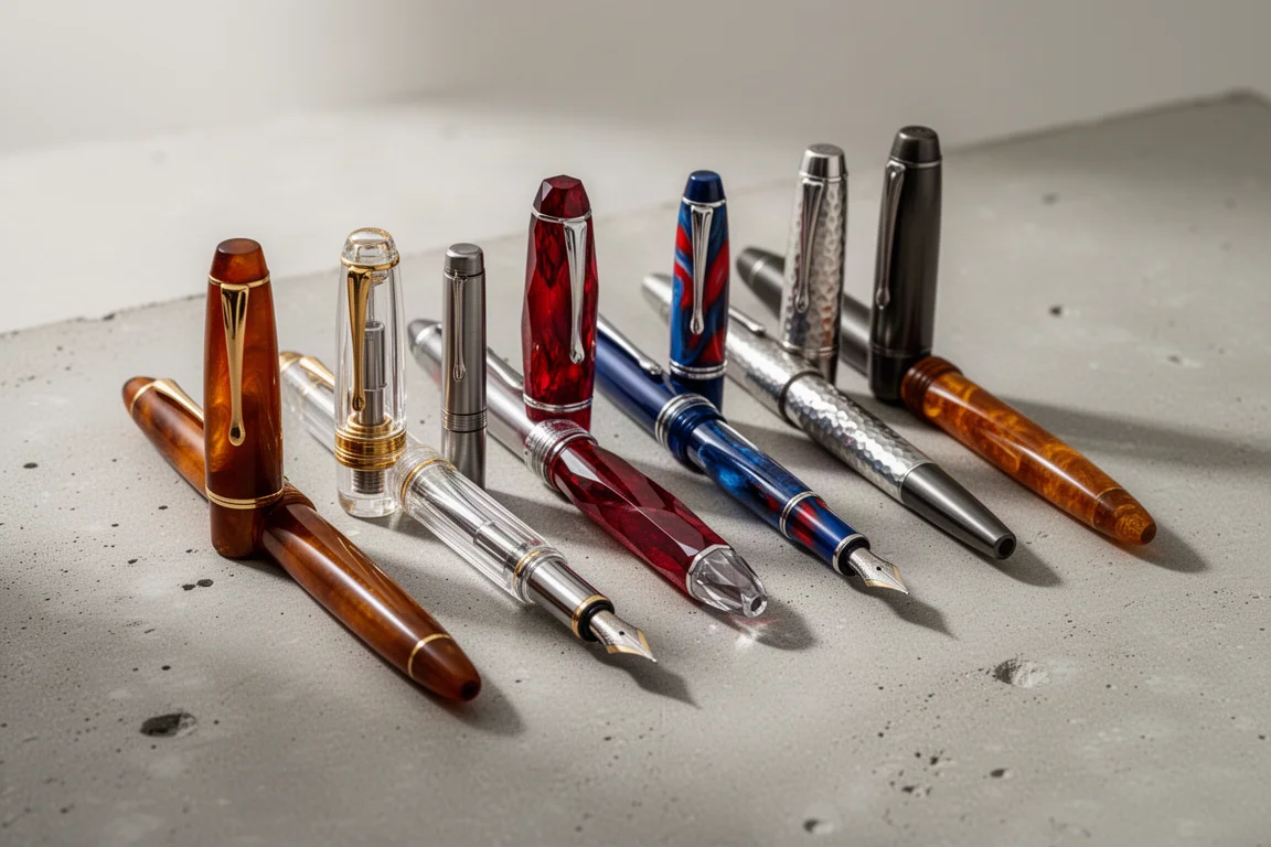 Ten varied fountain pens of different sizes and materials arranged on a concrete surface