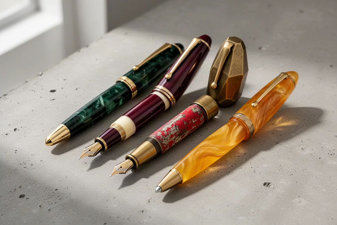 A collection of elegant fountain pens arranged on a matte concrete surface