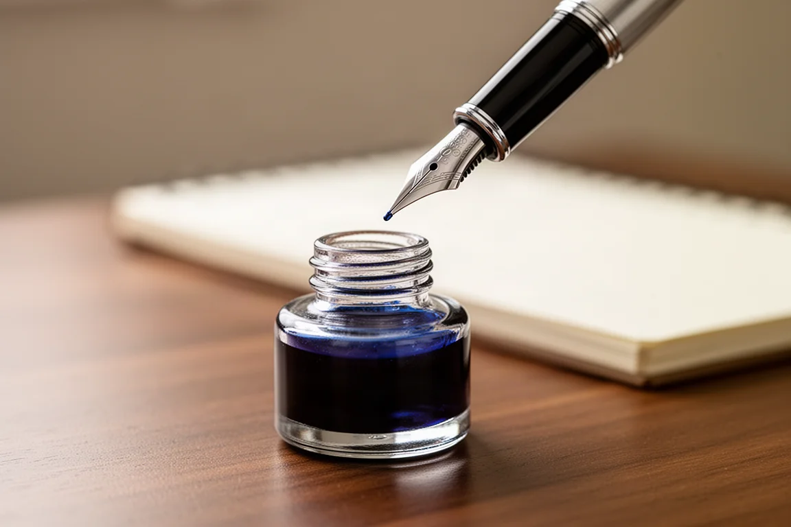 Fountain pen being dipped into a bottle of blue ink on a wooden desk