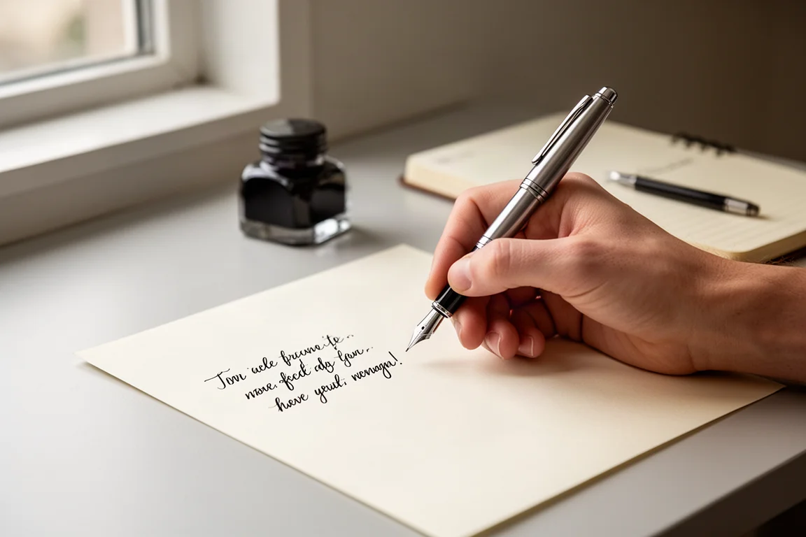 Hand writing a note with a fountain pen on plain paper