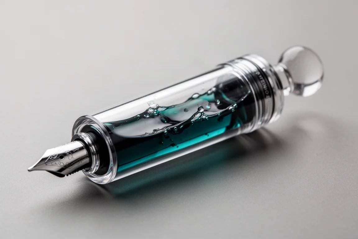 Translucent demonstrator fountain pen barrel showing sloshing ink