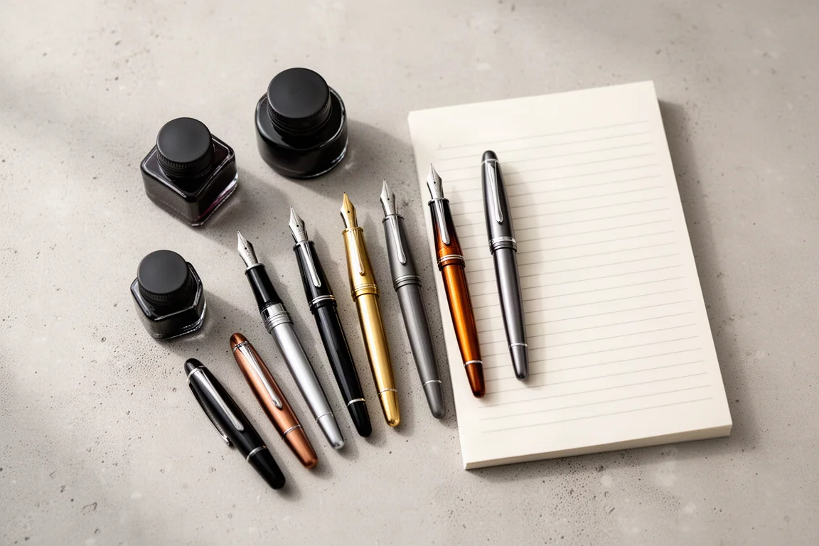 Fountain pens and ink bottles arranged on a minimal writing desk