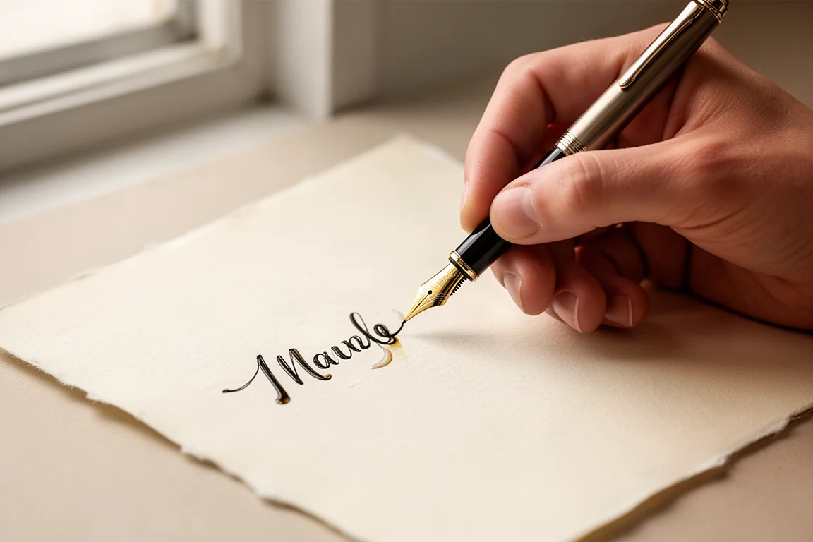 Hand writing with a fountain pen on cream paper in soft window light