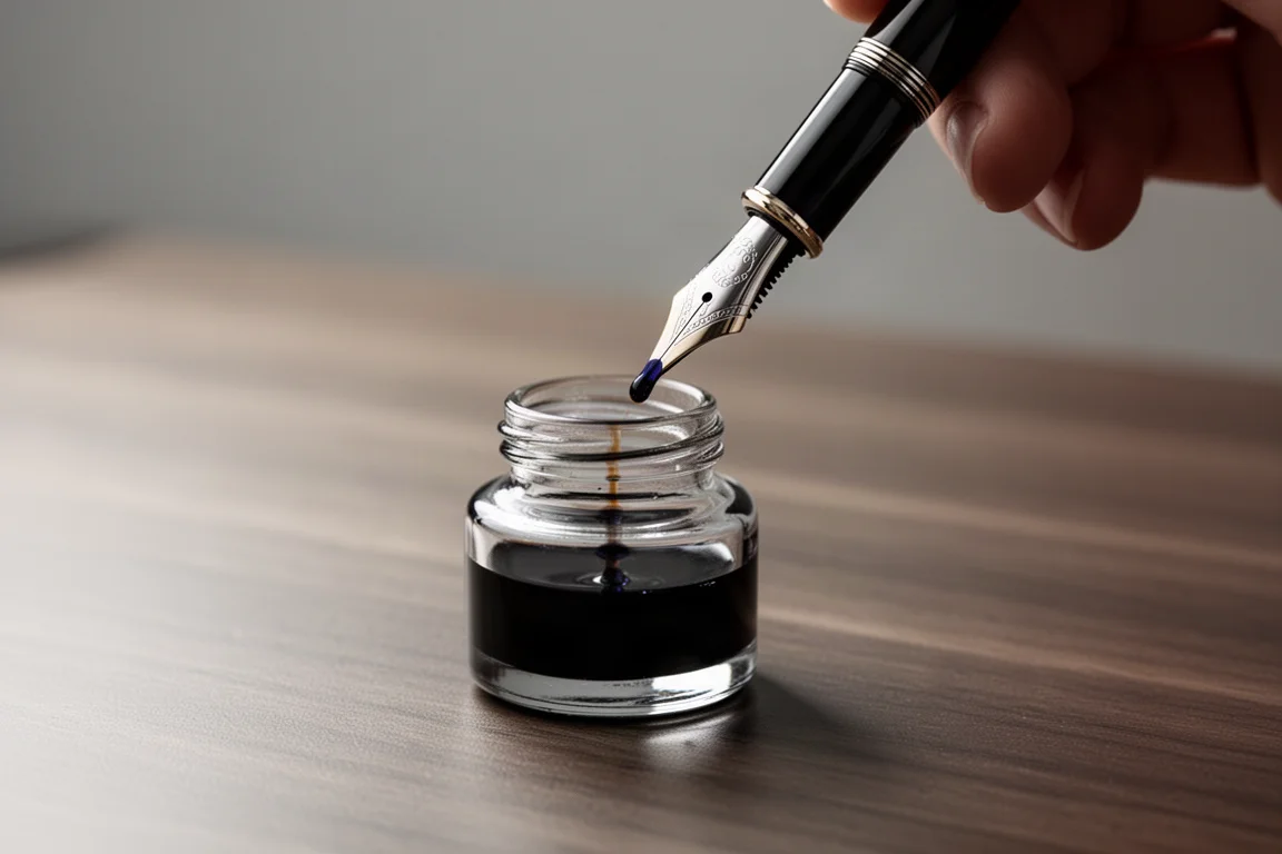 Fountain pen nib being filled from a small ink bottle