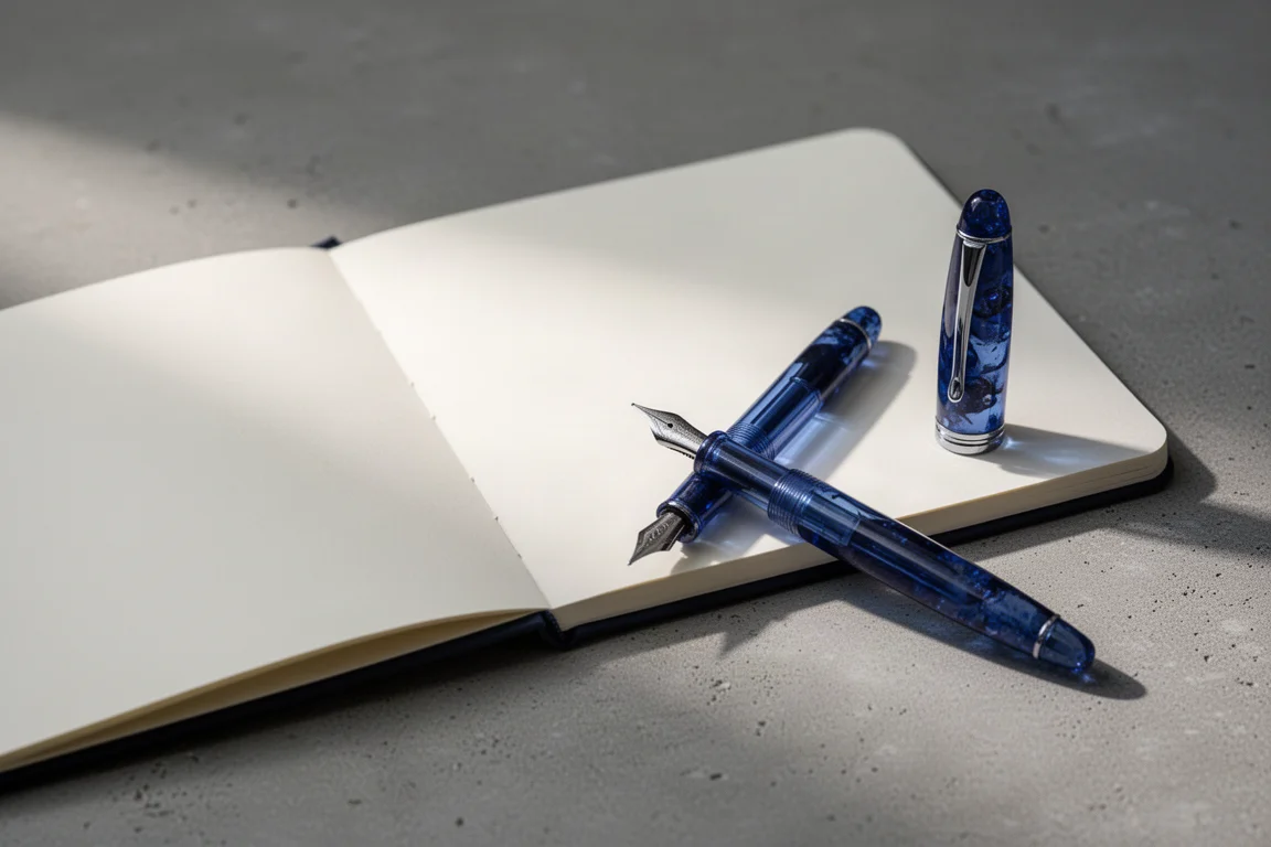Translucent blue fountain pen resting on a desk beside an open notebook