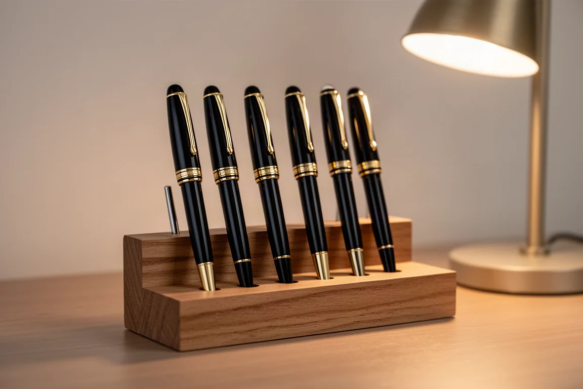 Black and gold fountain pens stored upright in a simple pen tray